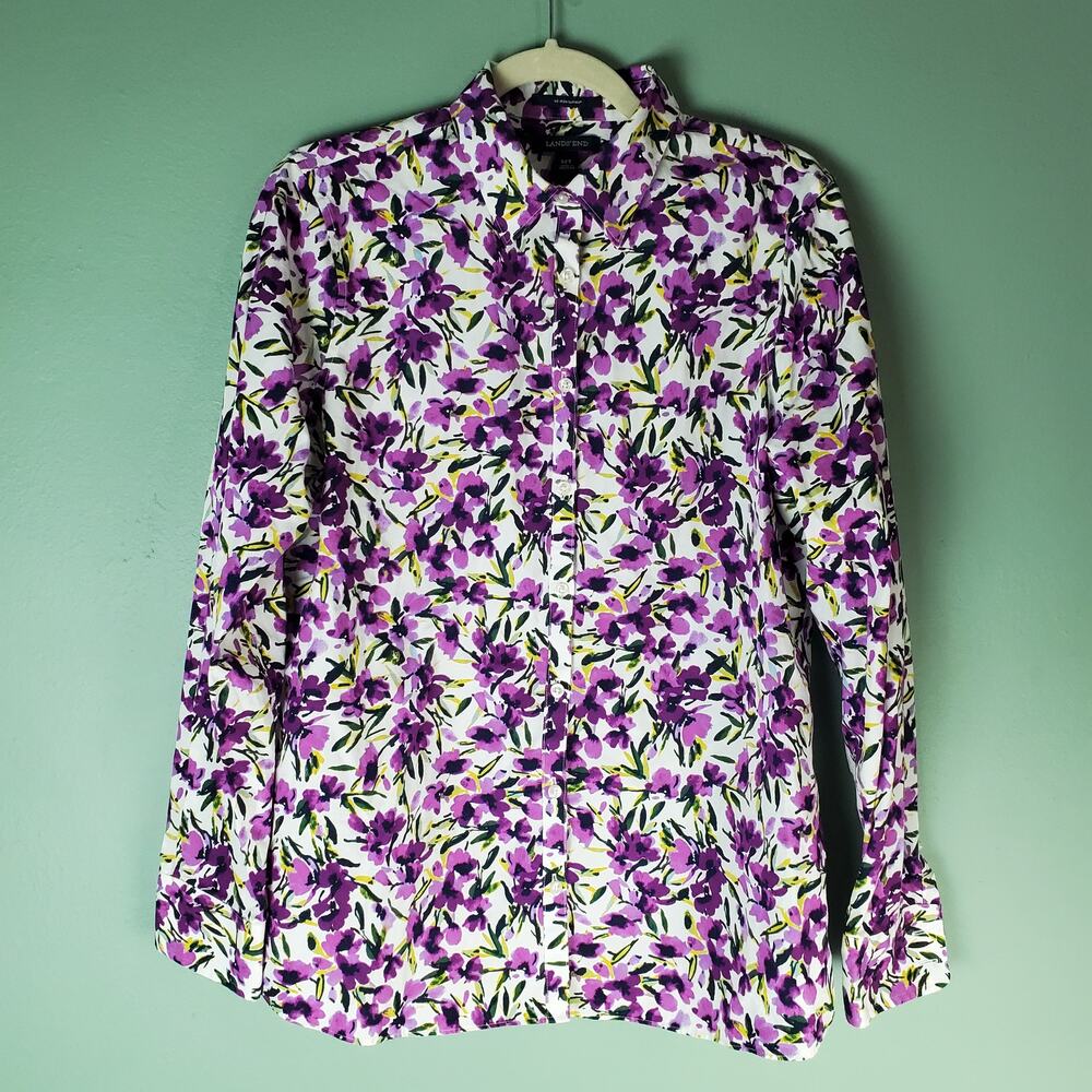 Lands End Womens Purple Floral Print No Iron Supima Button Up Shirt Size 12T